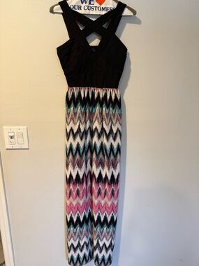 Dollcake Black Top Chevron Maxi Dress with Pink and Teal